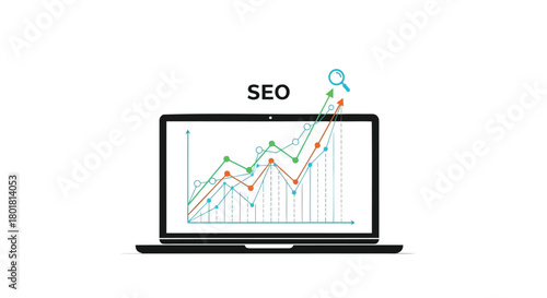 Laptop displaying a growing seo graph with upward trend and magnifying glass symbolizing analysis and search engine optimization