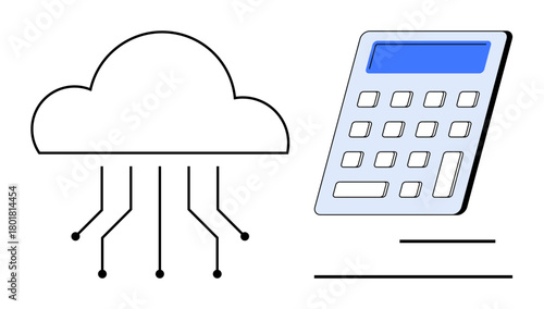 Cloud linked via lines to a digital calculator, illustrating data computation and tech integration. Ideal for cloud computing, finance, technology, data management, innovation, analytics, simple flat
