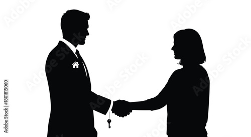 Silhouette of a man in a suit and a woman shaking hands against a white background symbolizing agreement
