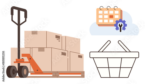 Pallet jack with cardboard boxes, calendar with gear icon, and shopping basket. Ideal for logistics, supply chain, inventory, order management, e-commerce planning warehousing. Simple flat metaphor