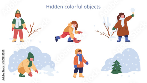 Joyful children in a snowy landscape enthusiastically search for hidden colorful objects during a festive winter celebration creating a heartwarming scene of discovery and fun