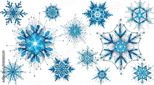 Collection of beautiful blue snowflake designs isolated on white background