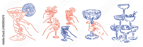 Hand-drawn doodle sketches of cocktails, champagne, and celebration drinks