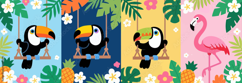 Obraz premium Tropical birds on swings with flamingo, colorful illustration background