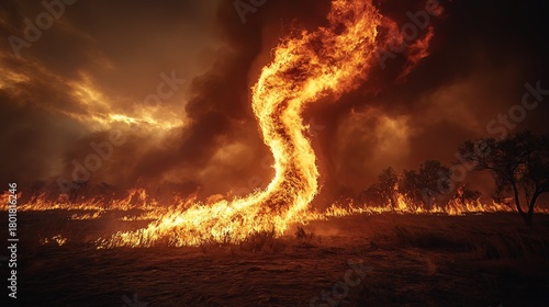 Fiery tornado rages across a scorched landscape under a smoky sky a powerful display of nature's destructive force and climate change impact