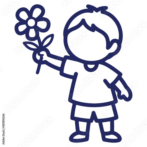 Illustration of a cute boy holding a flower representing childhood innocence and giving a gift of nature perfect for springtime themes