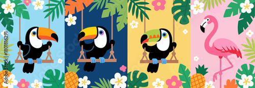 Tropical birds on swings with flamingo, colorful illustration background