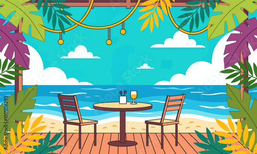 Tropical beach table setting with wine, colorful illustration, oceanside scene