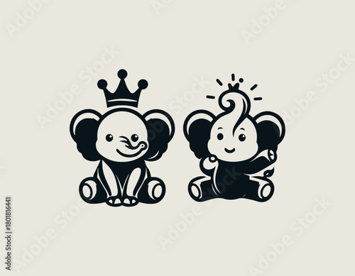 Happy baby king elephant smiles proudly creating charming black vector logo