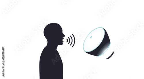 Silhouette of a person speaking with sound waves emanating towards a speaker icon on a white background