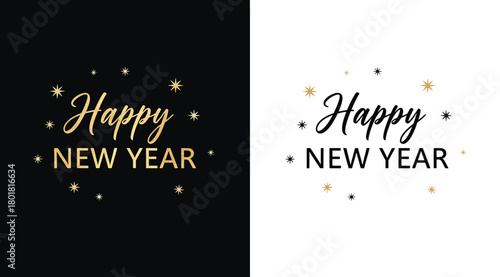 Happy new year text with golden stars and confetti on black and white backgrounds, elegant typography for festive celebration and greeting card design