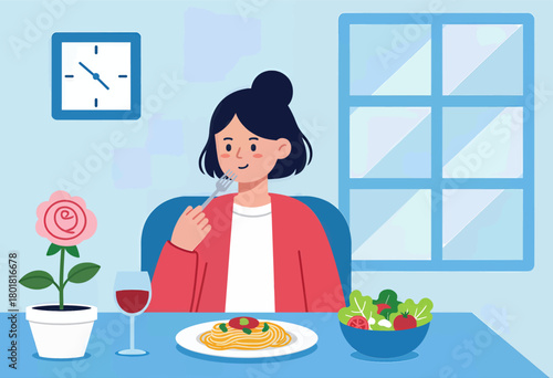 Woman eating spaghetti and salad, cartoon style dining scene