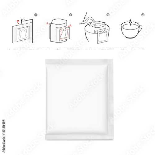 Drip coffee sachet bag  mockup with instruction set icons. Vector illustration isolated on white background. Ready for your design. EPS10