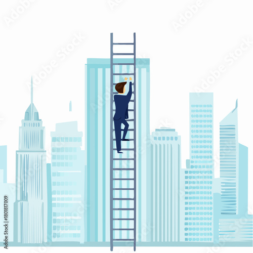 Gravir les échelons, ascenseur social, monde du travail, illustration d'un homme en costume gravissant une échelle, centre d'affaire, buildings en arrière plan, carrière, évolution professionnelle