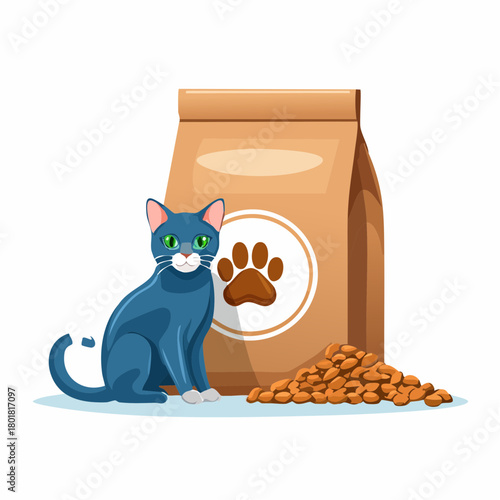 Joli chat à côté d'un grand sac de croquettes, isolé sur fond blanc