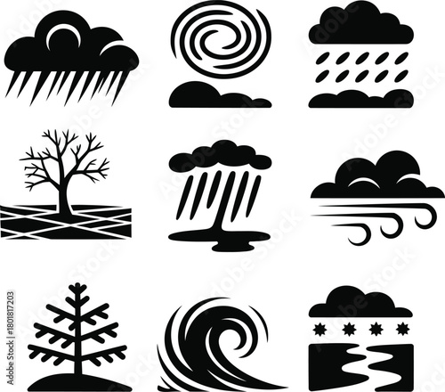 Black weather icons showing rain wind snow storm and tree