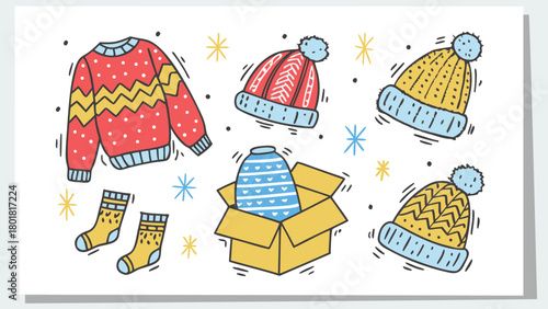 Whimsical winter scene featuring cozy sweaters fuzzy socks and warm beverages perfect for holiday and seasonal designs