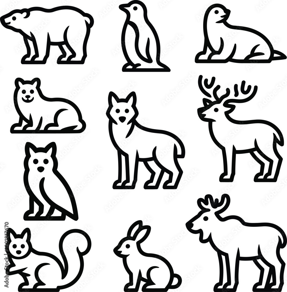 Obraz premium Collection of nine black and white animal icons polar bear