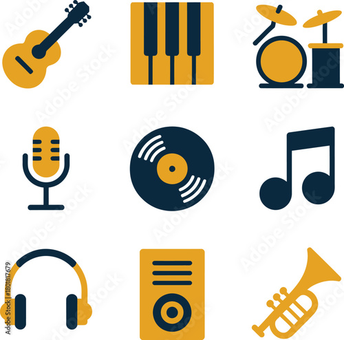 Collection of musical instrument and audio icons guitar