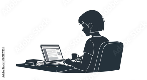 Silhouette of a person working on a laptop at a desk with a coffee cup and books