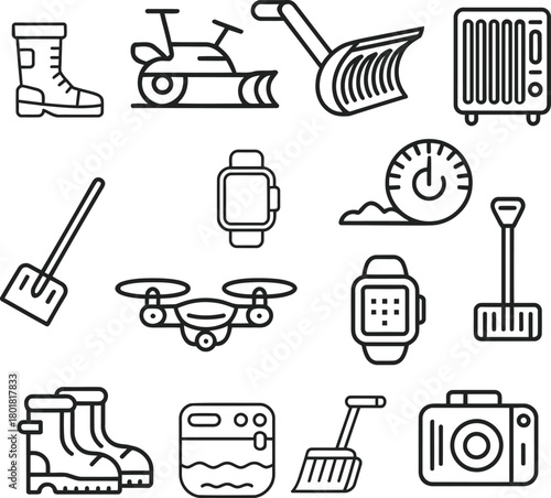 Collection of winter and technology icons snow boot