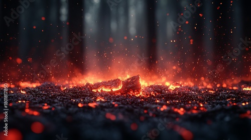 Glowing embers and ash create a fiery spectacle against a dark forest backdrop evoking warmth and destruction with a magical atmosphere