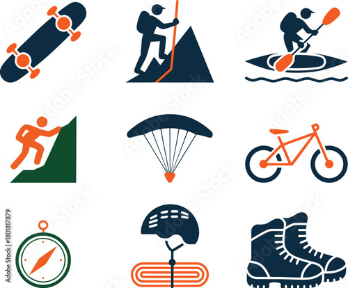 Collection of outdoor adventure sport icons skateboard