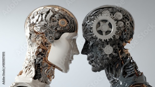 Two robotic heads, one chrome, the other dark, face each other, constructed with gears and metallic components