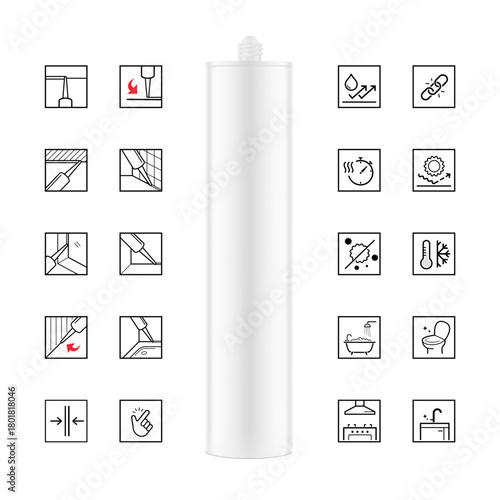 Silicone sealant cartridge mockup with set icons. Vector illustration isolated on white background. Can be use for template your design, presentation, promo, ad. EPS10.