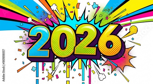 Bold, comicstyle text 2026 bursting with colorful rays and confetti, representing a vibrant and energetic start to the new year