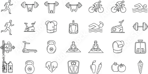 Vector illustration of fitness and health icons with a