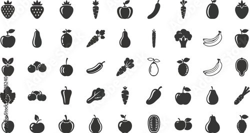 Vector illustration of assortment of fresh fruit and vegetable icons isolated on