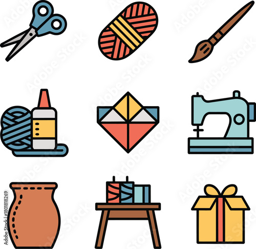 Craft supplies including scissors yarn sewing machine and gift