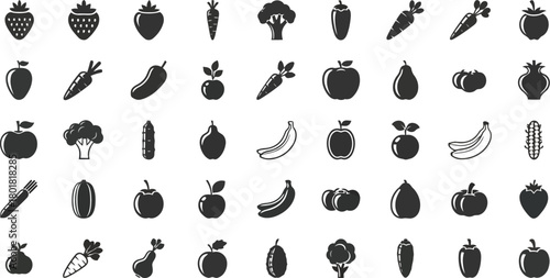 Vector illustration of collection of fresh fruits and vegetables icons isolated on