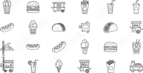 Vector illustration of assorted fast food icons in a linear style isolated on