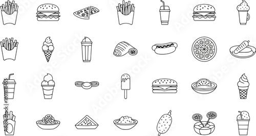 Vector illustration of outline icons of various fast food items and desserts on
