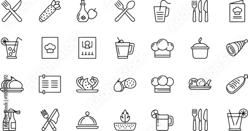 Vector illustration of assortment of line art icons for restaurant and food service
