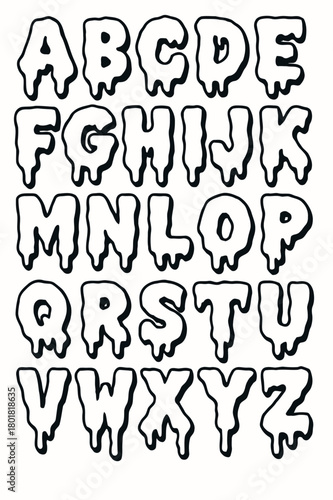 Spooky black and white alphabet with a dripping liquid effect. Unique melting font design for creative projects, Halloween, or coloring pages