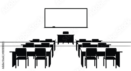 Empty classroom with desks chairs and projector screen ready for a lesson or presentation