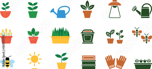 Garden icons plants watering cans bees sun gloves gardening