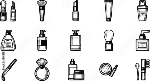 Vector illustration of collection of handdrawn cosmetic and beauty product icons isolated on