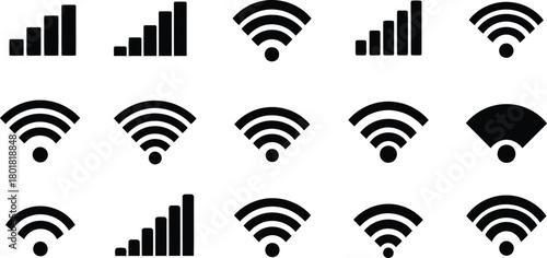 Vector illustration of set of wifi signal strength and wifi symbol icons isolated on
