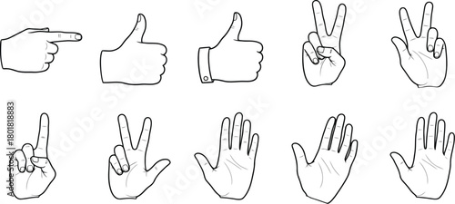 Vector illustration of collection of hand gestures and signals, isolated on