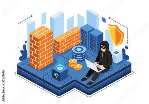 Cybersecurity Breach Illustration Digital Hacker Exploiting Data Security System, Hacking, Data Protection Concept