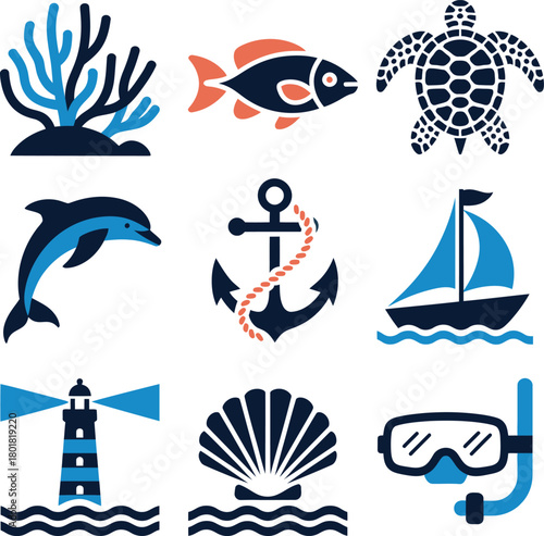 Nautical icons coral fish turtle dolphin anchor sailboat lighthouse shell mask