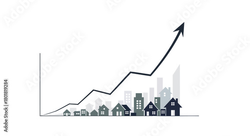 Upward trending arrow graph superimposed over a silhouette of a city skyline and houses symbolizing growth
