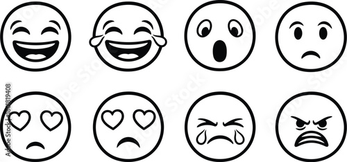 Vector illustration of set of eight cartoon emoji faces expressing different emotions isolated on