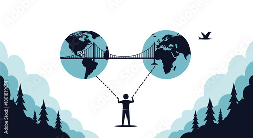 Global connection and communication symbolized by a bridge linking two earth globes and a person standing on a platform