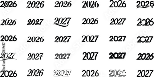 Vector illustration of collection of year numbers 2026 and 2027 in various font styles isolated on