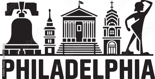 Philadelphia city skyline black icon illustration with liberty bell and famous landmarks cityscape drawing silhouette.